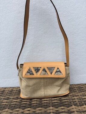Cristian Made in Italy Linen Shoulder Bag Tan Leather Snake Print Flap